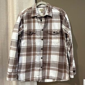 Sonoma Soft White & Brown Flannel Long Sleeve Button Down, Size Large